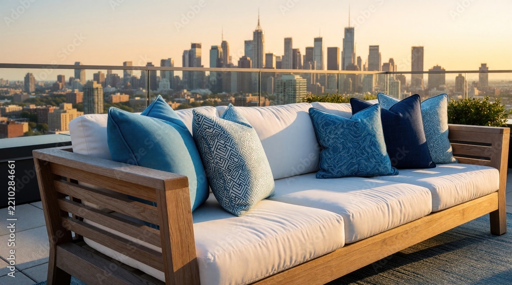 Fototapeta premium Wooden sofa with blue pillows sits on modern rooftop terrace. City skyline view with skyscrapers under golden sunset sky. Luxury apartment balcony features comfortable outdoor furniture for