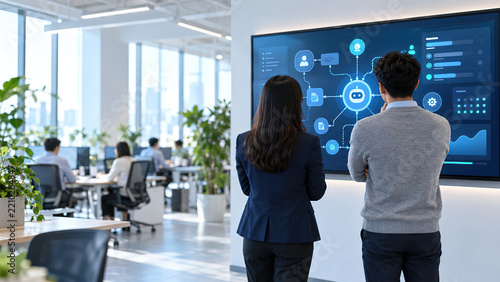 Colleagues seen from behind in a bright modern office watching a wall display with an abstract AI agent workflow dashboard, operations team monitoring automation