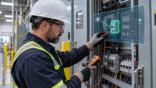 Skilled electrician using AI-assisted augmented reality to inspect industrial electrical equipment in a modern control panel.