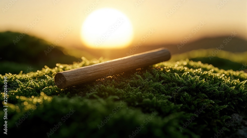 Obraz premium Wooden stick lies on green moss during golden hour. Natural forest floor shows organic texture under warm sunset light. Calm woodland scene with soft sunlight, earthy tones. Peaceful macro view of