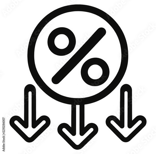 Black percentage discount icon with three downward arrows, representing price reduction, sale, savings and special offers for ecommerce, retail advertising, marketing and promotional design.