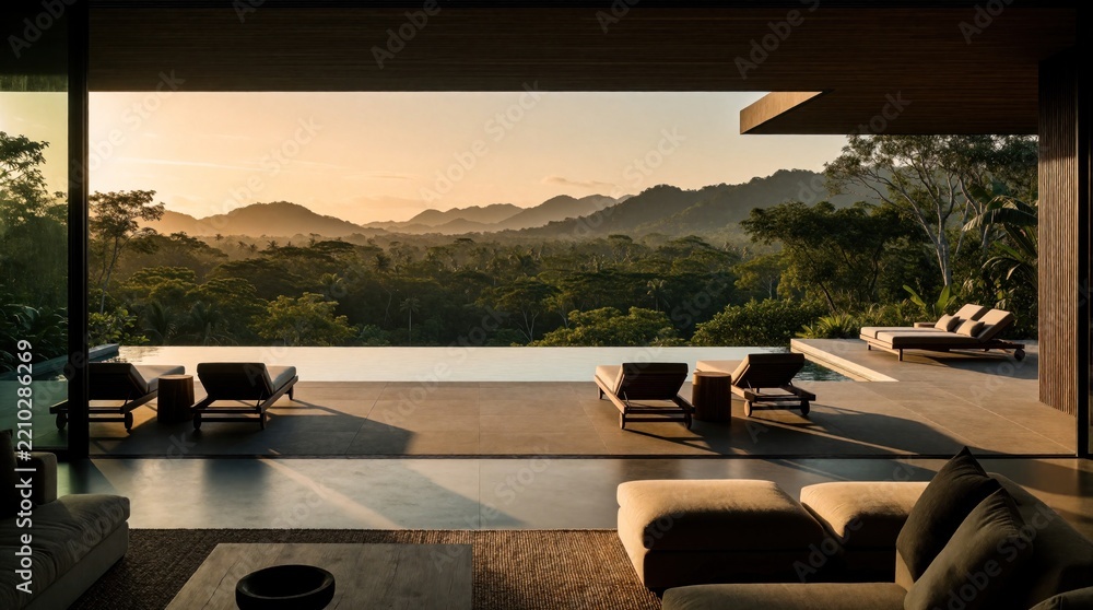 Fototapeta premium Modern luxury villa balcony features infinity pool overlooking green forest, mountains at sunset. Elegant terrace sun loungers, cozy living room furniture. Peaceful outdoor space offers scenic view