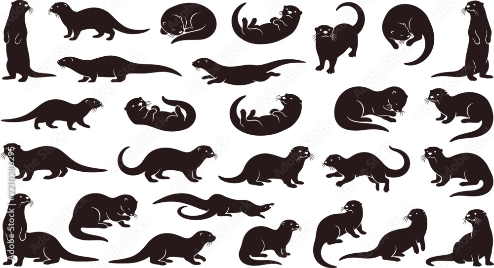 Obraz premium Various otter silhouettes in playful poses during daytime with white background vector illustration