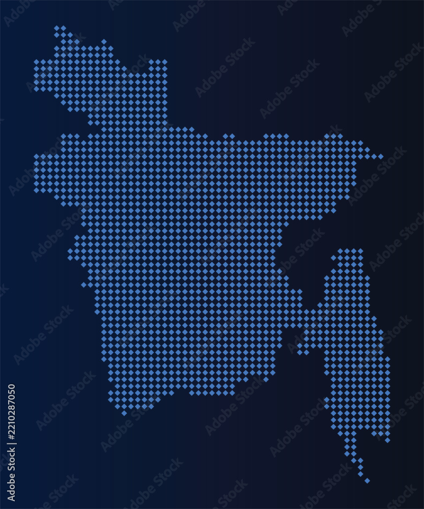 Obraz premium Bangladesh map made of blue diamond pattern dots on a dark background
