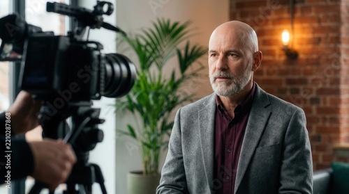 Mature man with grey beard gives a serious and thoughtful interview for camera.