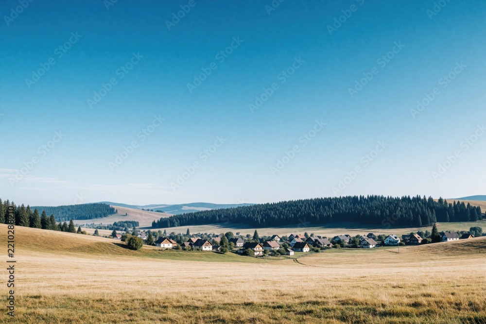Obraz premium Wide view of small village in green valley under clear blue sky. Rolling hills with pine forest surround rural houses. Calm landscape with grass fields, distant mountains creates peaceful countryside