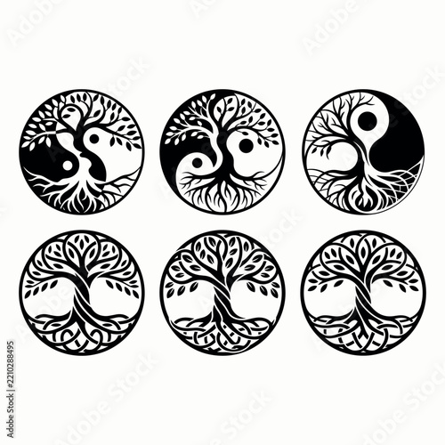 Six tree of life designs with yin yang and celtic knot elements black vector illustration