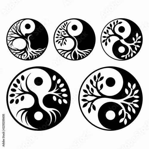 Yin and yang symbols with tree of life illustrations black and white vector design balance