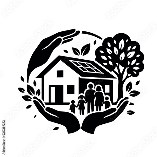 Family Home with Protective Hands and Tree – World Habitat Day and Family Day Concept Vector