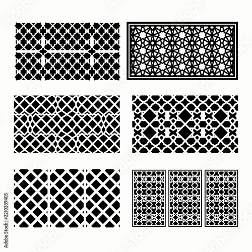 Geometric lattice patterns with repeating floral and diamond motifs black vector illustrations on white arabesque