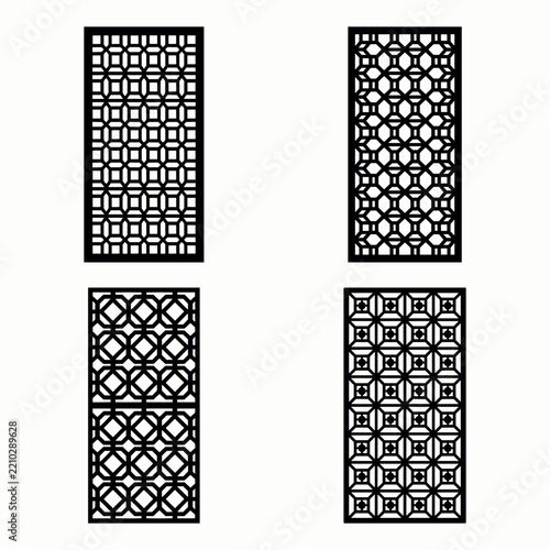 Geometric lattice panels with repeating square and circular motifs on a white background panel pattern