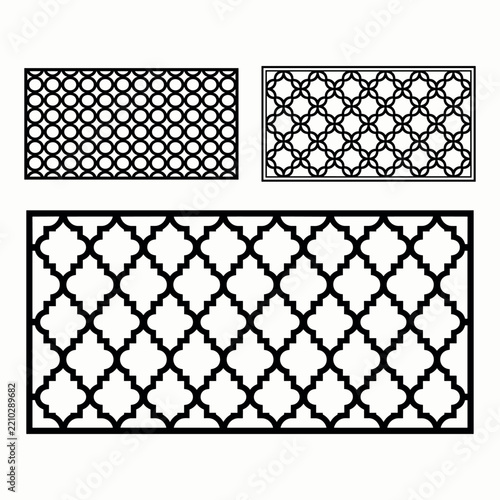 Geometric lattice patterns showcase intricate designs with a black and white silhouette style pattern ornament