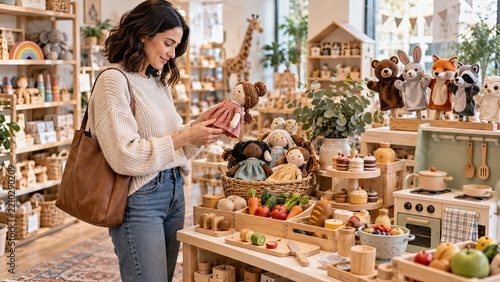 Woman shopping for screen-free toys in a cozy children's toy store, examining a handmade doll among wooden play food, puppets, and educational playsets.