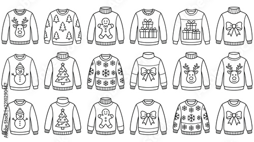 Christmas sweaters set with festive patterns for winter holiday fashion design.