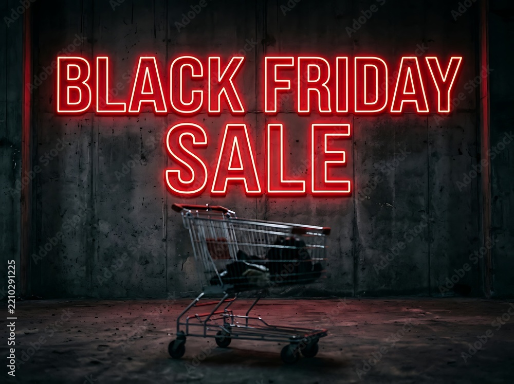 Naklejka premium Black friday sale neon sign glowing above a shopping cart in dark alley