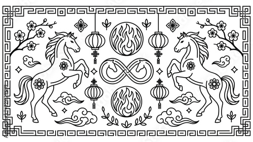 Chinese new year horse zodiac design with floral patterns and oriental charms.