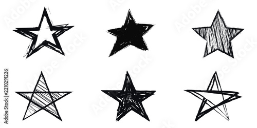 Hand drawn grunge star set, vector doodle star icons isolated on white background