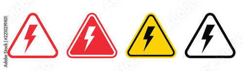 Triangle warning signs featuring lightning bolt arrows, danger symbols, and high voltage safety icons.