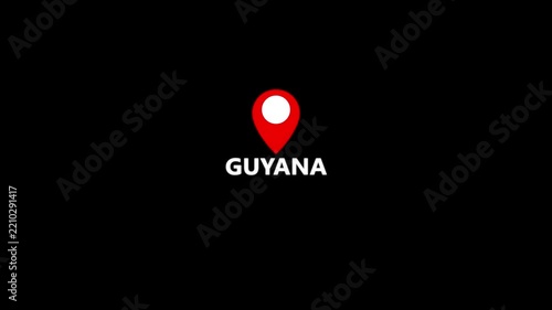 Guyana country location pin animation. GPS tracking map pointer icon with alpha channel and white background, 4K video.