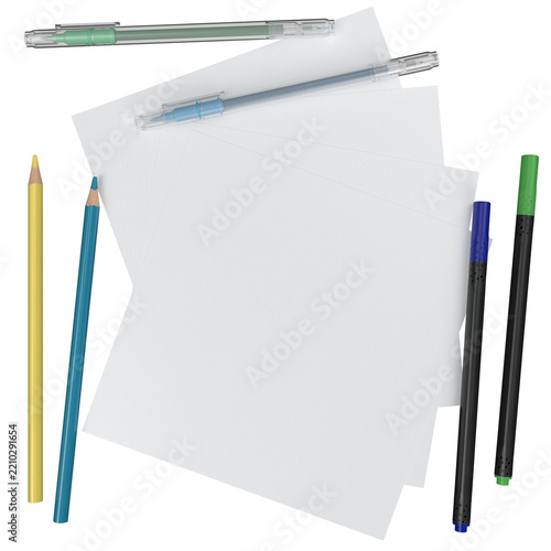 Stationery mockup with blank paper sheets, pens and colored pencils. Clean composition for school and office designs, branding and templates. Isolated on white, copy space.