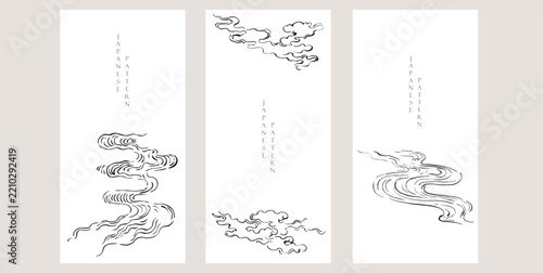 Bonsai tree with cran birds and hand drawn wave elements. Geometric pattern in vintage style. Japanese background with wave , bamboo leaf, bonsai tree. Asian traditional icon vector.	
