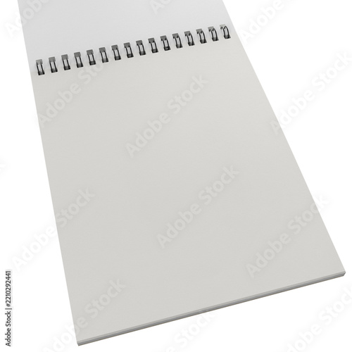 Blank top spiral notepad mockup shown at an angle. Clean empty paper page template for branding, notes, sketching or print design. Isolated on white with copy space.