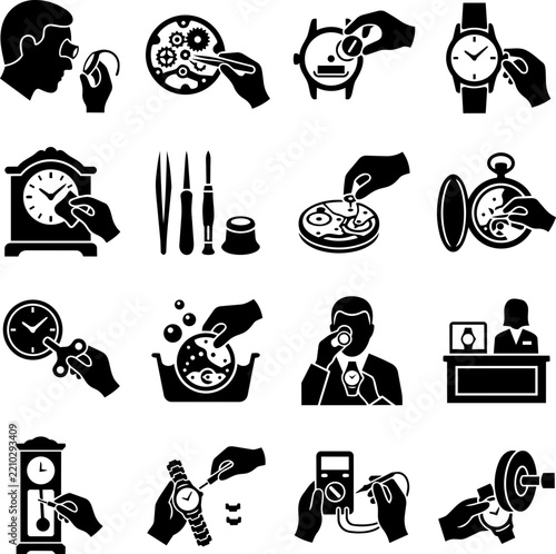 Set of black watch repair icons showing professional clock maintenance tools and skilled hands working on timepieces