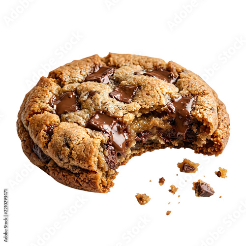 Chocolate chip cookie with a bite on transparent background