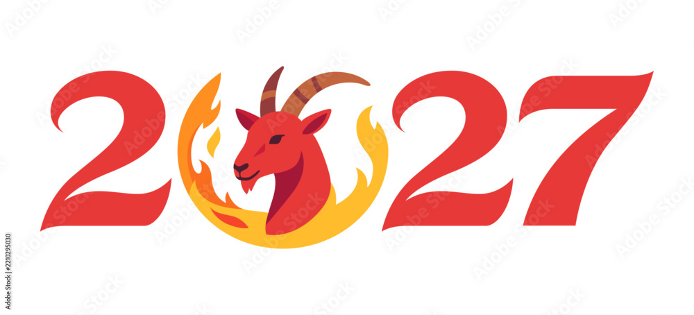 Obraz premium 2027 Fire Goat icon with horned head in flames, flat illustration