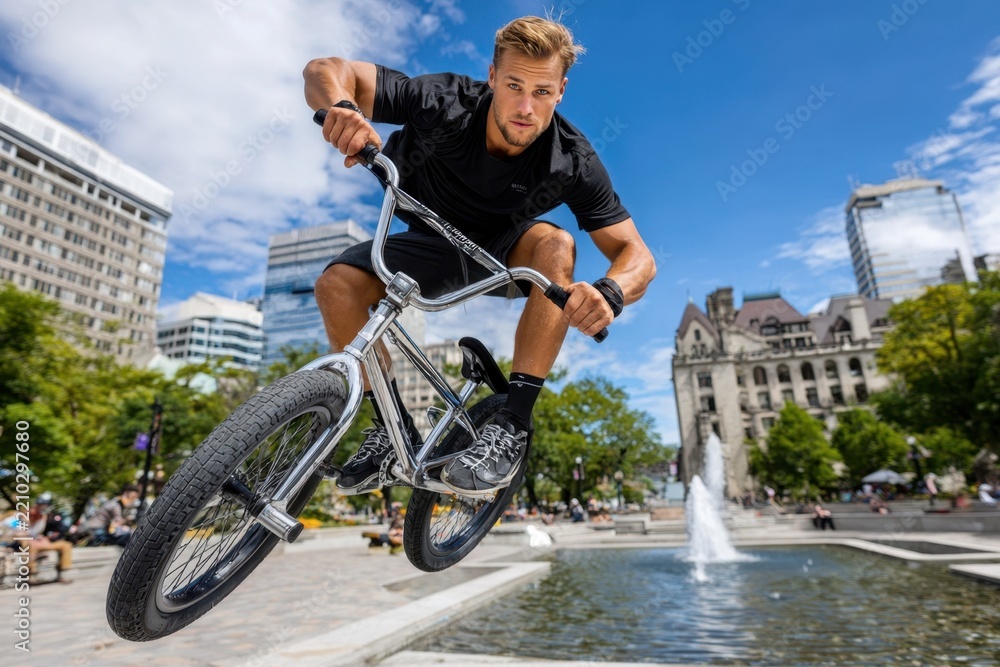 Obraz premium Cyclist performs an impressive stunt in urban park during bright sunny day