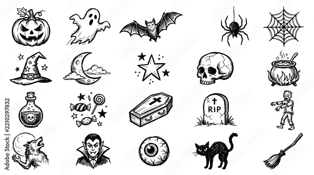 Obraz premium Halloween doodle sketch icon big set 20 elements pumpkin ghost bat spider witch skull hand drawn vector