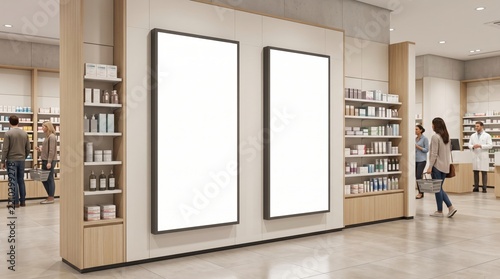 Two blank vertical lightboxes mounted side by side on a modern pharmacy wall, ideal for commercial advertising mockup with shoppers and pharmacist in background.