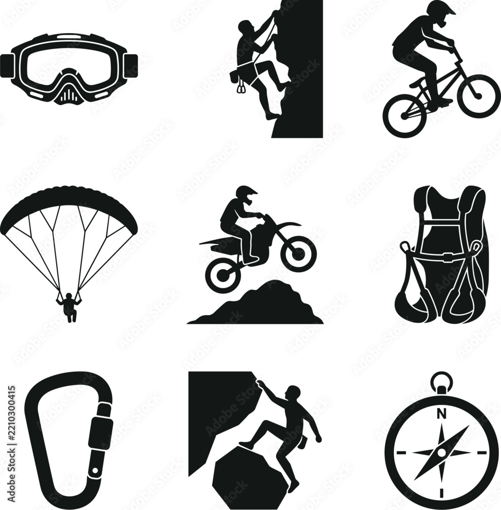 Obraz premium Set of adventure sport icons, black silhouette style motocross goggles, rock climber, BMX rider, paraglider, dirt bike jump, backpack, carabiner, mountain climber, and compass element for extreme