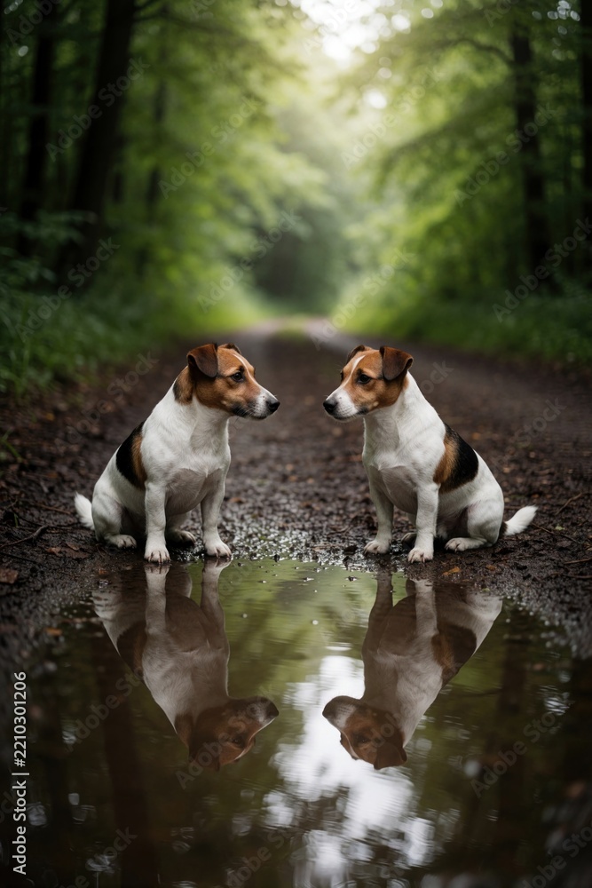 Obraz premium Two Jack Russell Terrier dogs sit on wet dirt path in green forest. Small pets look at near water puddle. Clear reflection of dogs on ground surface. Cute canine companions enjoy peaceful walk in