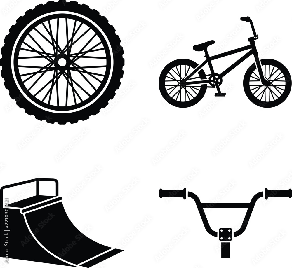 Obraz premium Set of four black silhouette icons for BMX sports, a bicycle wheel, a complete BMX bike, a half-pipe ramp, and handlebars, on a white background, flat design style