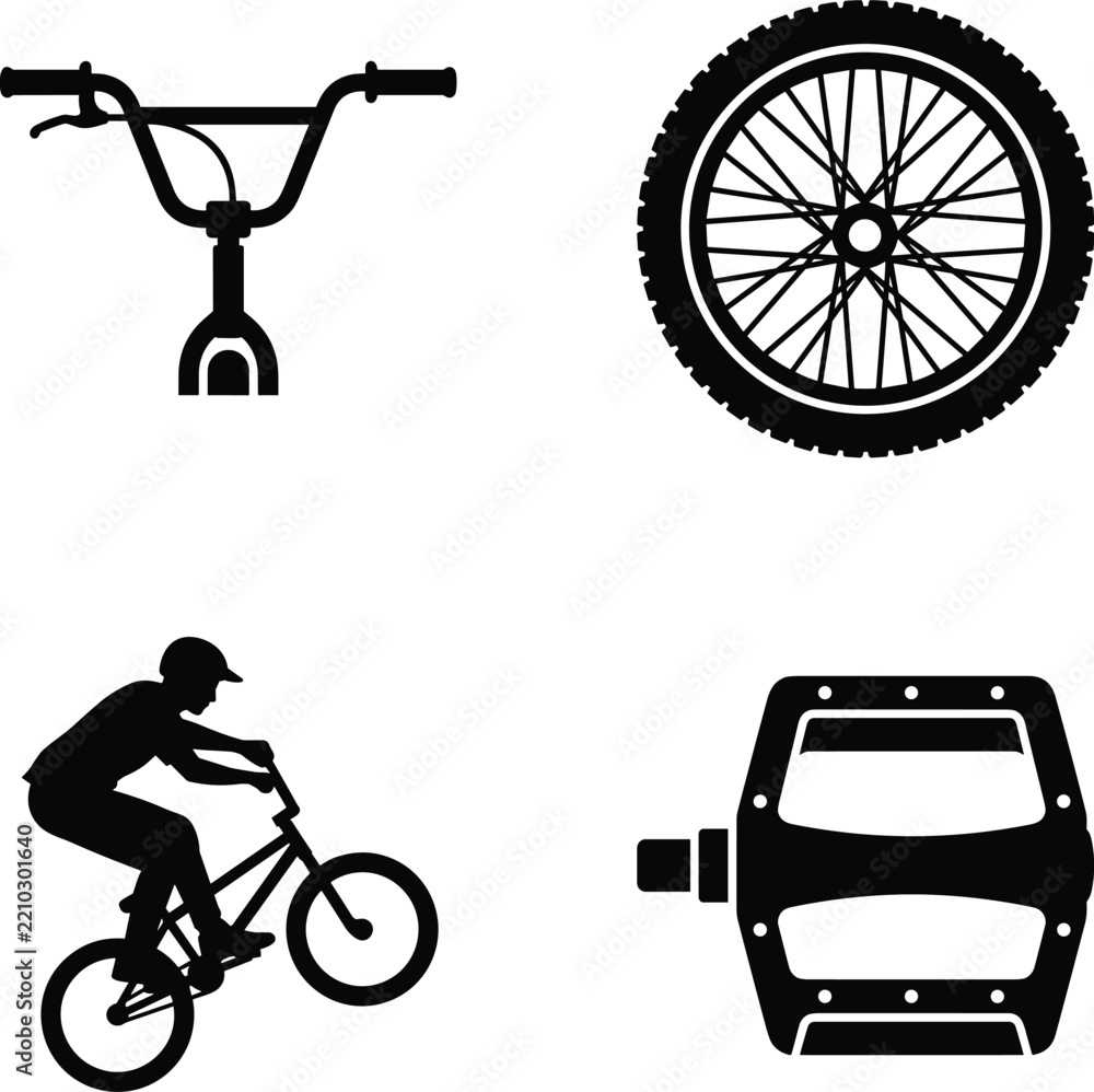 Obraz premium Set of four black silhouette icons representing BMX bicycle parts and action, including handlebars, wheel, rider performing a trick, and pedal, on a white background