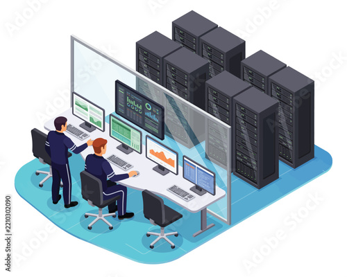 People working in a server room data center isolated on white background, Vector, illustration