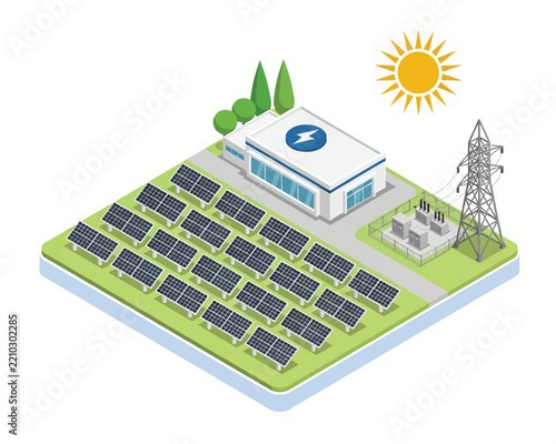 Isometric solar power plant with panels and sun icon isolated on white background, Vector, illustration