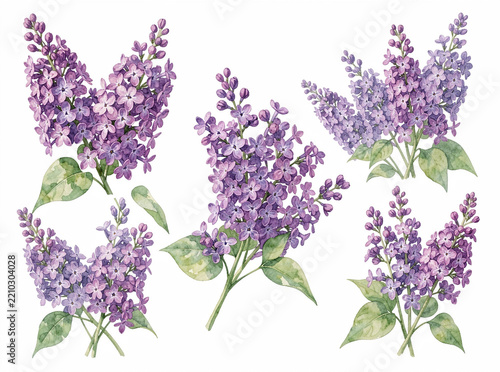 Illustration of purple lilacs with green leaves