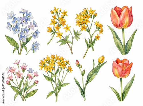 A collection of watercolor painted flowers in full bloom, capturing the vibrancy and freshness of springtime.