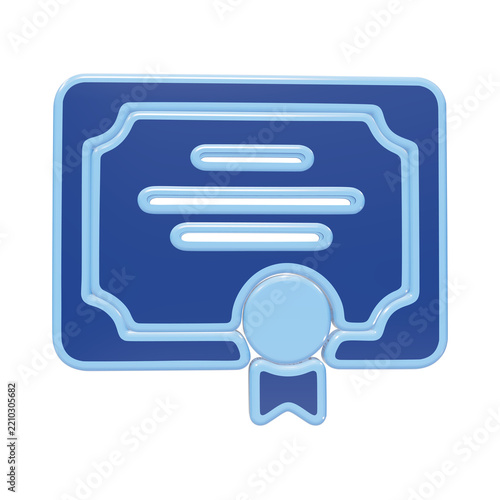 3D blue and light blue certificate icon with rounded corners and a ribbon seal for education and financial achievements isolated on a transparent background
