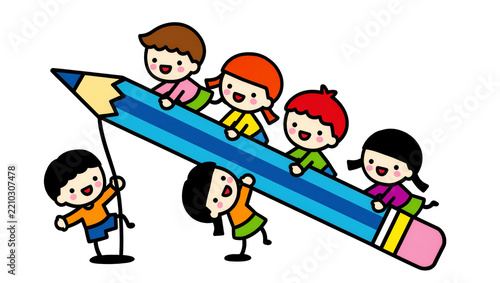 Diverse children climbing and holding onto a large blue pencil, isolated on transparent background