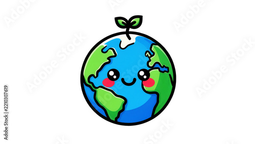 Cute cartoon Earth planet with sprout, isolated on transparent background