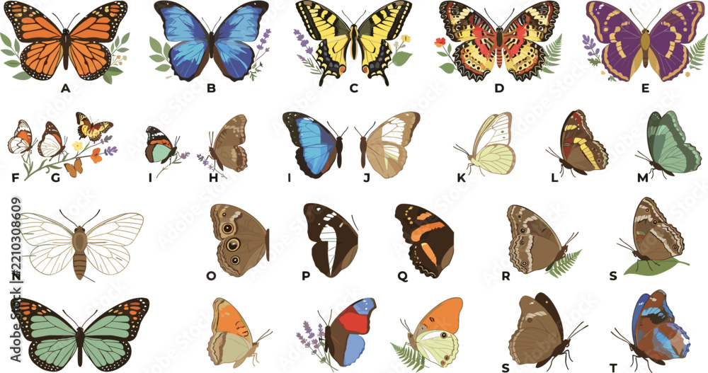 Obraz premium Butterfly species and colorful winged insects set featuring monarchs swallowtails morphos and botanical ornaments vector illustration