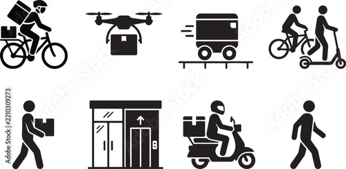 Delivery and Logistics Service Icons Set – Courier, Drone, Bicycle, Scooter and Transport Vector