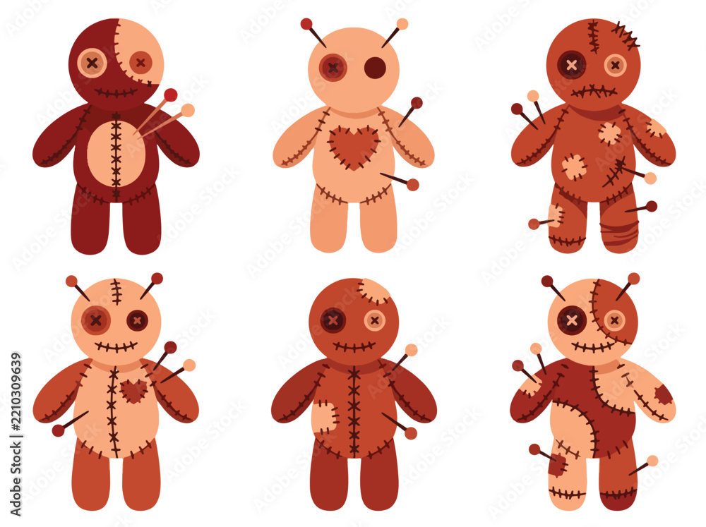 Obraz premium Set of six stitched voodoo style fabric dolls with pins.