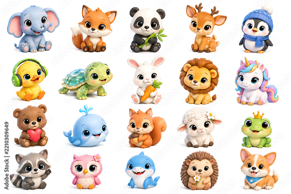 Obraz premium Cute baby animals character mega collection set with 3D render little wildlife pets including elephant fox panda lion unicorn bear whale shark isolated on white background