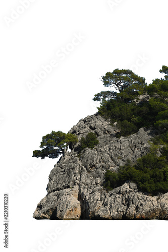 A rocky cliff and steep rock face covered with isolated pine trees against a transparent background.