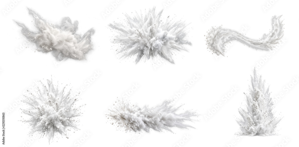Obraz premium Set of White Powder Explosions and Dust Clouds Isolated on Transparent Background