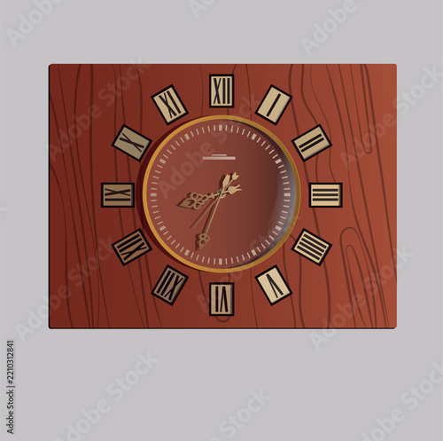 Wall clock with Roman numerals on a wooden board. Vector.